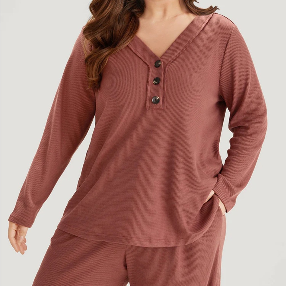 BloomChic Women's Mauve Waffle Knit Button Long Sleeve Top Plus Size 5X